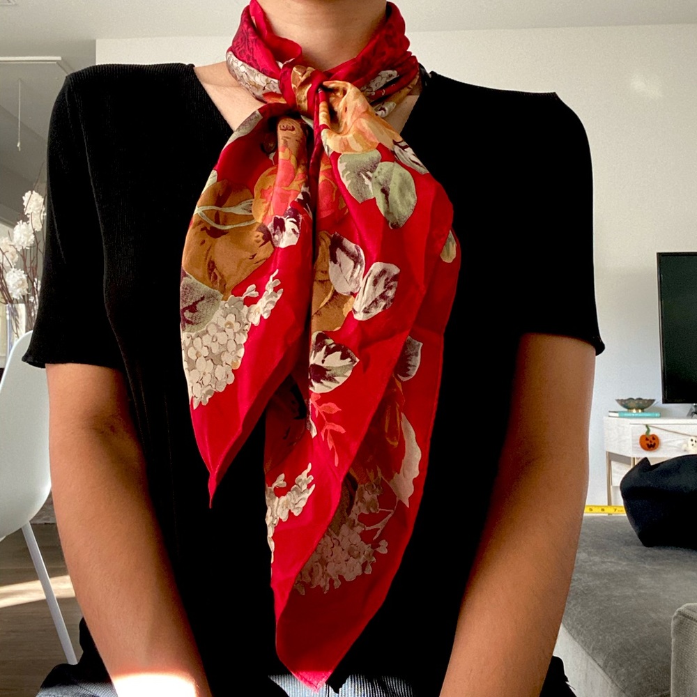 Red floral 100% silk scarf